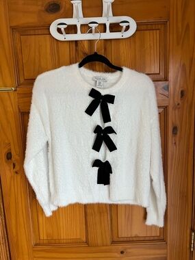 Rachel Zoe Cream Fuzzy Crewneck Sweater with Black Bow Trim